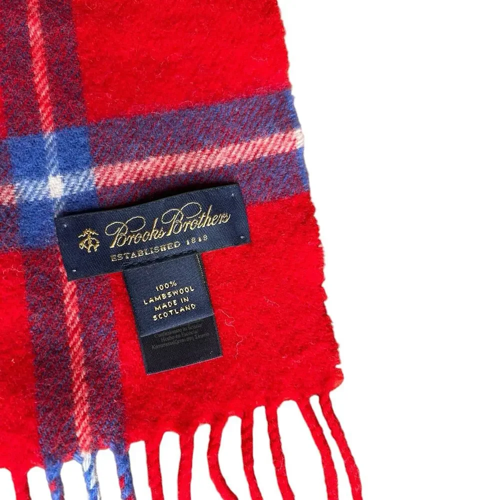 Vintage Brooks Brothers Wool Scotland Scarf Blue Red Mackay Plaid Check Fringed